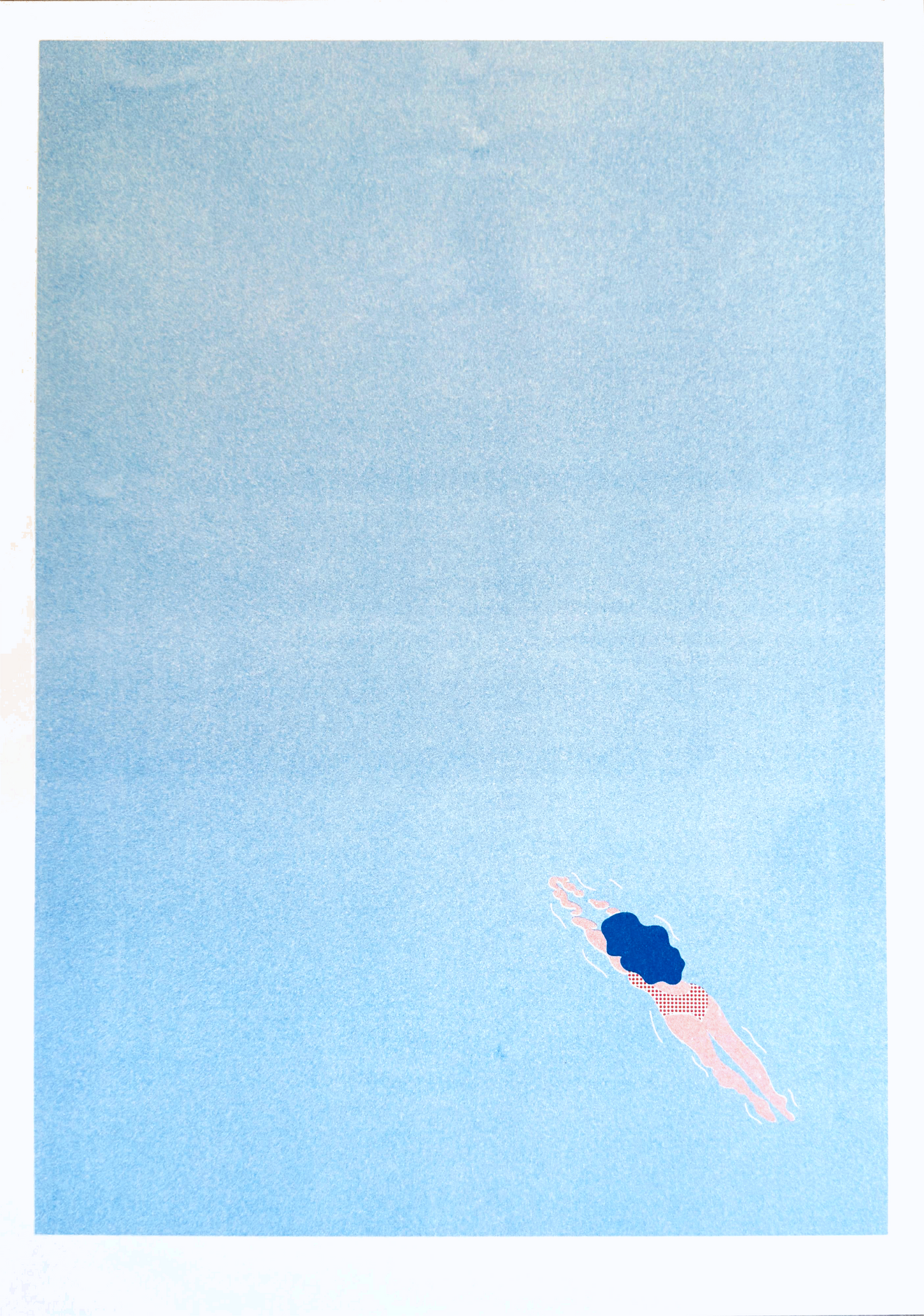 Limited edition risograph print "Wander off" by Studio Stoutpoep, showing a dreamy scene of a lone female figure floating in blue space, symbolizing freedom, escape, and letting go.