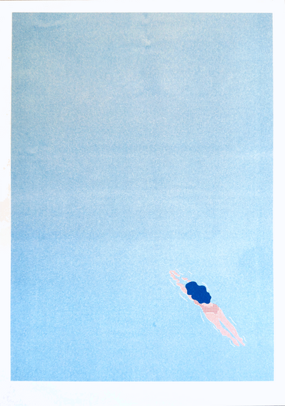 Limited edition risograph print "Wander off" by Studio Stoutpoep, showing a dreamy scene of a lone female figure floating in blue space, symbolizing freedom, escape, and letting go.