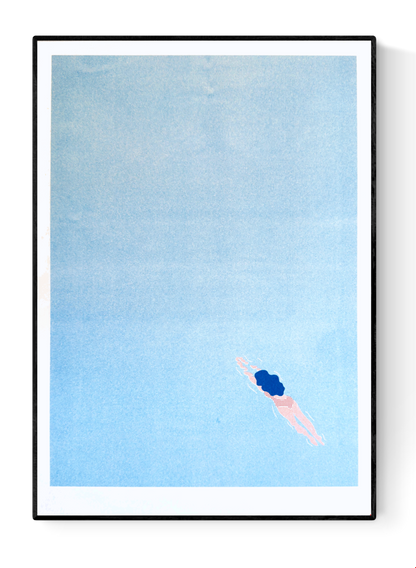 Limited edition risograph print "Wander off" by Studio Stoutpoep, showing a dreamy scene of a lone female figure floating in blue space, symbolizing freedom, escape, and letting go.