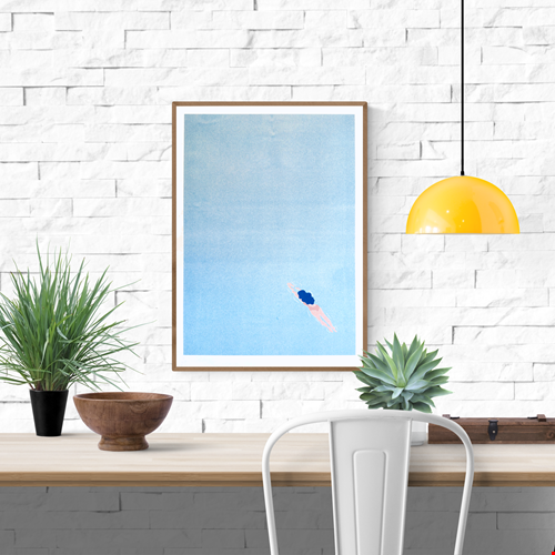 Limited edition risograph print "Wander off" by Studio Stoutpoep, showing a dreamy scene of a lone female figure floating in blue space, symbolizing freedom, escape, and letting go.