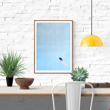 Limited edition risograph print "Wander off" by Studio Stoutpoep, showing a dreamy scene of a lone female figure floating in blue space, symbolizing freedom, escape, and letting go.