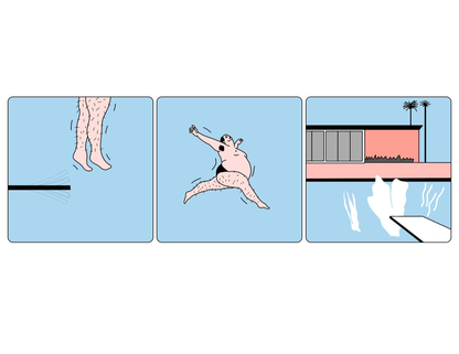 Three-panel risograph illustration showing a humorous dive sequence: a hairy man jumps off a diving board, flies mid-air in an awkward pose, and makes a splash in a pool next to a modern house. Humorous A2 art print by Studio Stoutpoep in pop-art style.