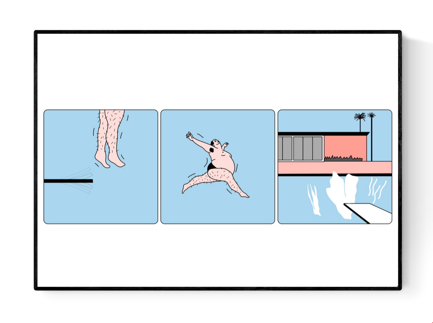 Three-panel risograph illustration showing a humorous dive sequence: a hairy man jumps off a diving board, flies mid-air in an awkward pose, and makes a splash in a pool next to a modern house. Humorous A2 art print by Studio Stoutpoep in pop-art style.