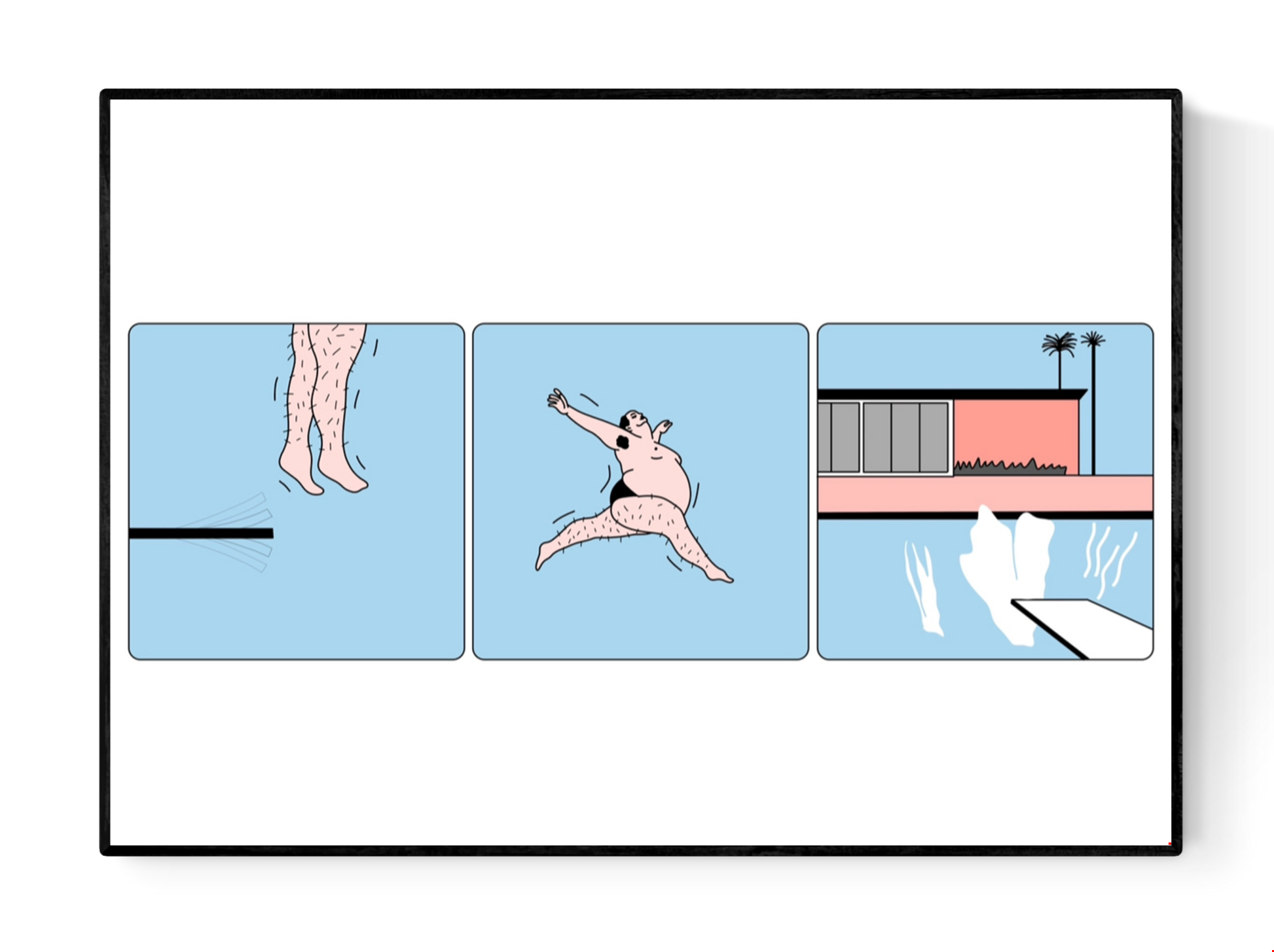 Three-panel risograph illustration showing a humorous dive sequence: a hairy man jumps off a diving board, flies mid-air in an awkward pose, and makes a splash in a pool next to a modern house. Humorous A2 art print by Studio Stoutpoep in pop-art style.