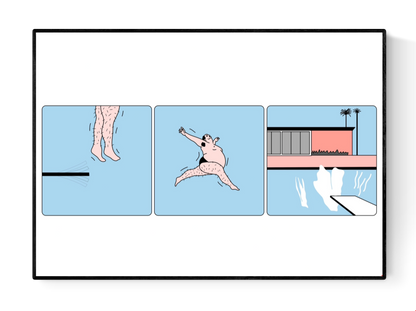 Three-panel risograph illustration showing a humorous dive sequence: a hairy man jumps off a diving board, flies mid-air in an awkward pose, and makes a splash in a pool next to a modern house. Humorous A2 art print by Studio Stoutpoep in pop-art style.