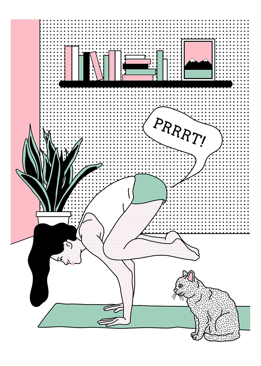 Humorous A2 screen print by Studio Stoutpoep showing a woman doing yoga and farting in front of a surprised cat, in comic pop-art style, limited edition handmade print from Belgium.
