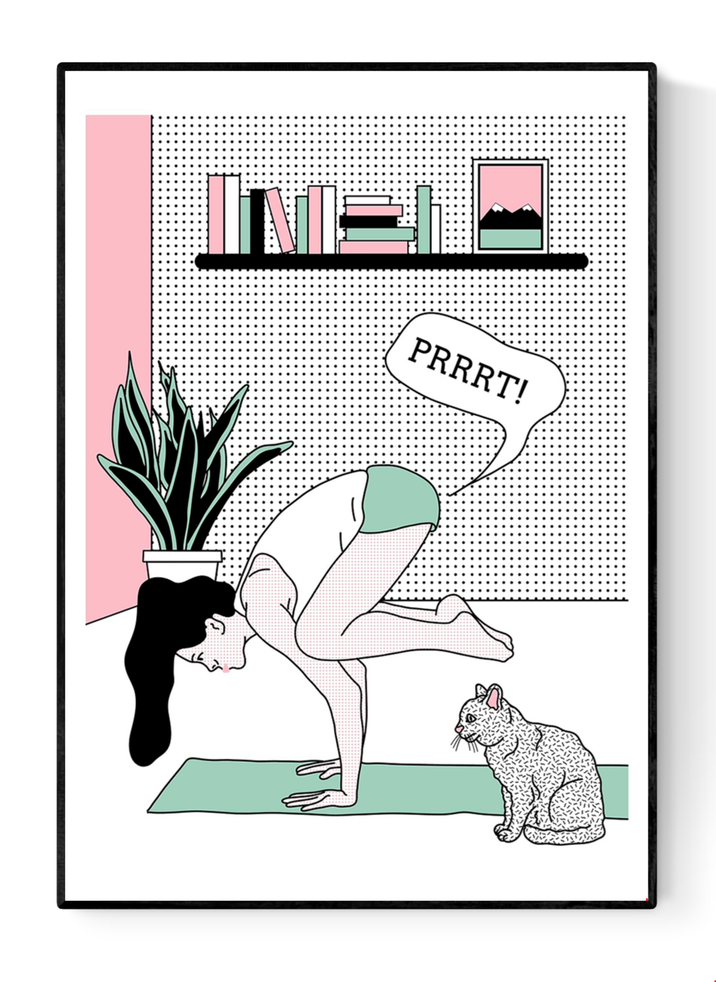 Humorous A2 screen print by Studio Stoutpoep showing a woman doing yoga and farting in front of a surprised cat, in comic pop-art style, limited edition handmade print from Belgium.