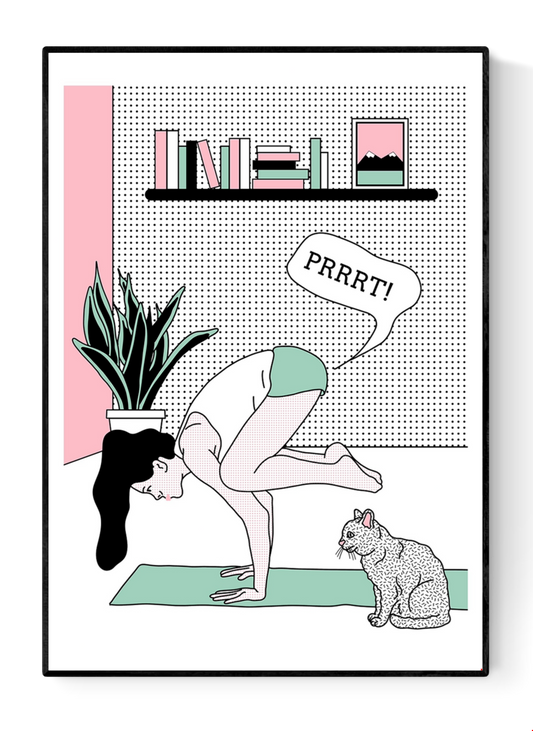 Humorous A2 screen print by Studio Stoutpoep showing a woman doing yoga and farting in front of a surprised cat, in comic pop-art style, limited edition handmade print from Belgium.