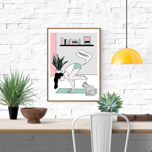 Humorous A2 screen print by Studio Stoutpoep showing a woman doing yoga and farting in front of a surprised cat, in comic pop-art style, limited edition handmade print from Belgium.