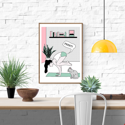 Humorous A2 screen print by Studio Stoutpoep showing a woman doing yoga and farting in front of a surprised cat, in comic pop-art style, limited edition handmade print from Belgium.