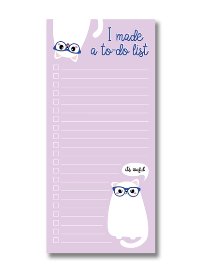 Funny to-do notepad in soft lilac featuring a white cartoon cat with glasses and a sarcastic speech bubble that says "it's awful", perfect for list lovers who appreciate humor – designed by Studio Inktvis in the Netherlands.