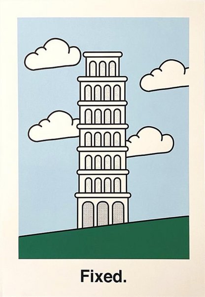 Minimalist risograph art print by Studio Stoutpoep titled “Fixed,” featuring a digitally corrected version of the Leaning Tower of Pisa standing upright against a light blue sky with clouds. A2 size, eco-friendly ink, made in Belgium.