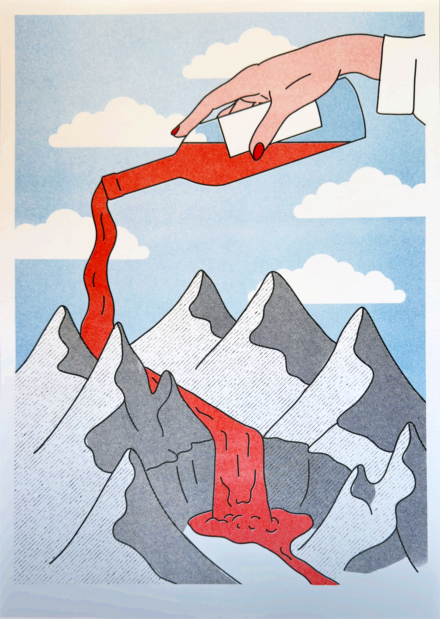 A3 risograph print titled Mountains and Wine by Belgian illustrator Studio Stoutpoep. Features a surreal scene of a giant hand pouring red wine over cartoon-style snowy mountains, turning it into a flowing river. Printed with soy-based inks on recycled paper in Belgium.
