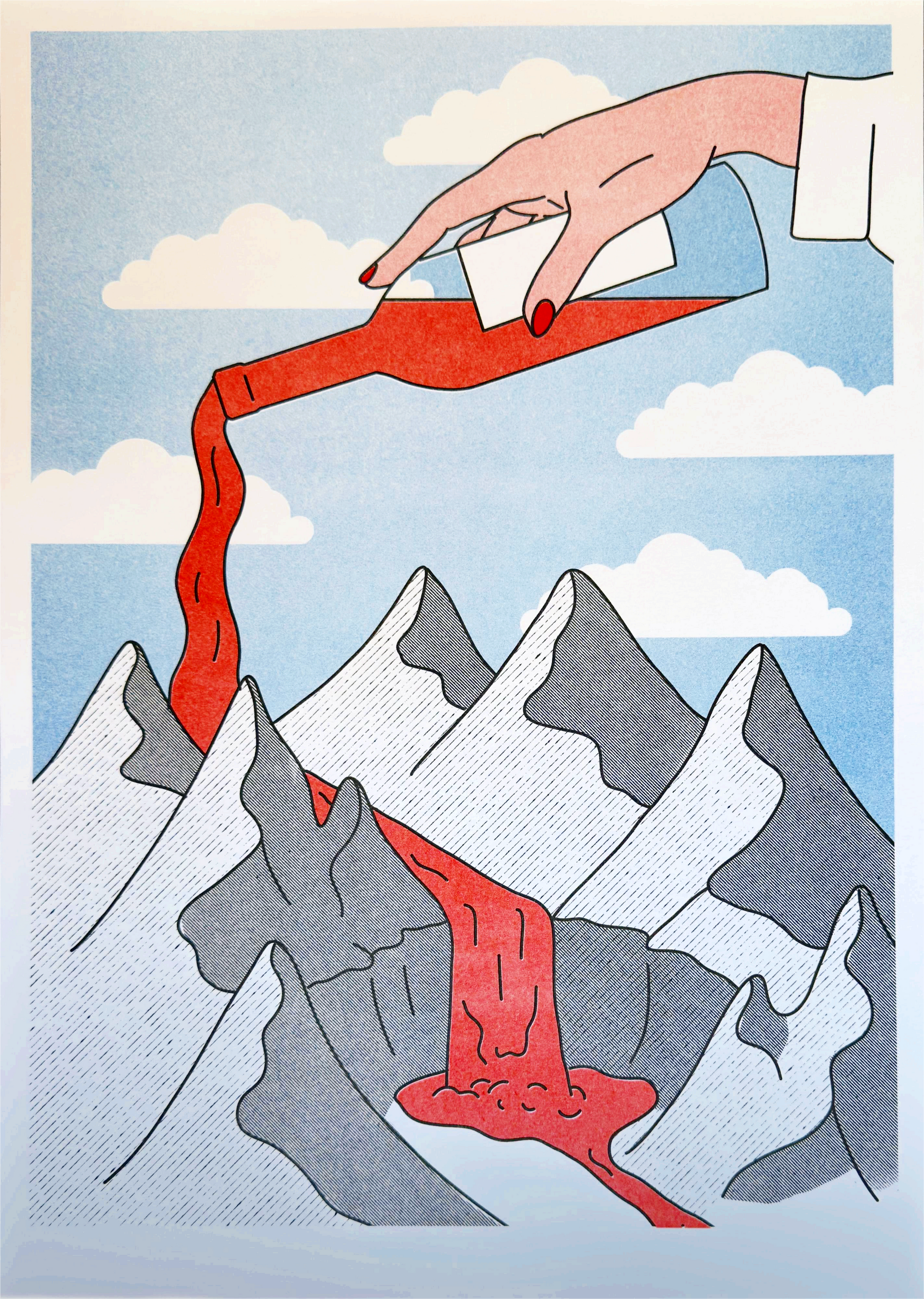 A3 risograph print titled Mountains and Wine by Belgian illustrator Studio Stoutpoep. Features a surreal scene of a giant hand pouring red wine over cartoon-style snowy mountains, turning it into a flowing river. Printed with soy-based inks on recycled paper in Belgium.