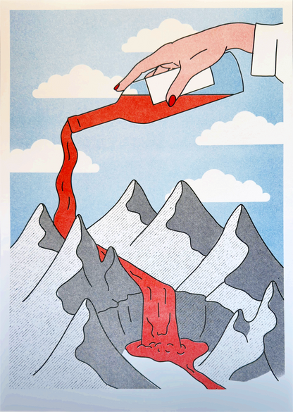 A3 risograph print titled Mountains and Wine by Belgian illustrator Studio Stoutpoep. Features a surreal scene of a giant hand pouring red wine over cartoon-style snowy mountains, turning it into a flowing river. Printed with soy-based inks on recycled paper in Belgium.