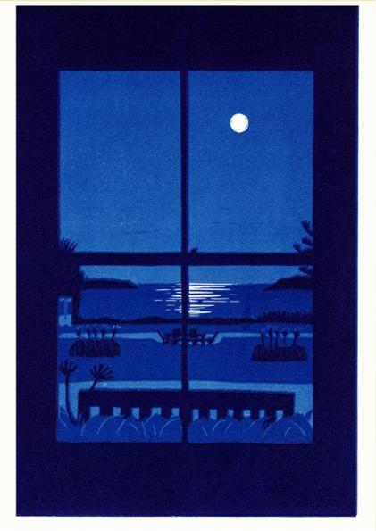 Summer Night by French illustrator Mathilde Solanet, A3 (29.7 x 42 cm) risograph print in 3 colors, limited edition of 150 signed and numbered copies. Artwork shows a serene moonlit coastal landscape through a window in rich blue tones. Printed on 150g Munken Print White paper, made in Belgium, unframed, packaged in protective sleeve with cardboard backing.