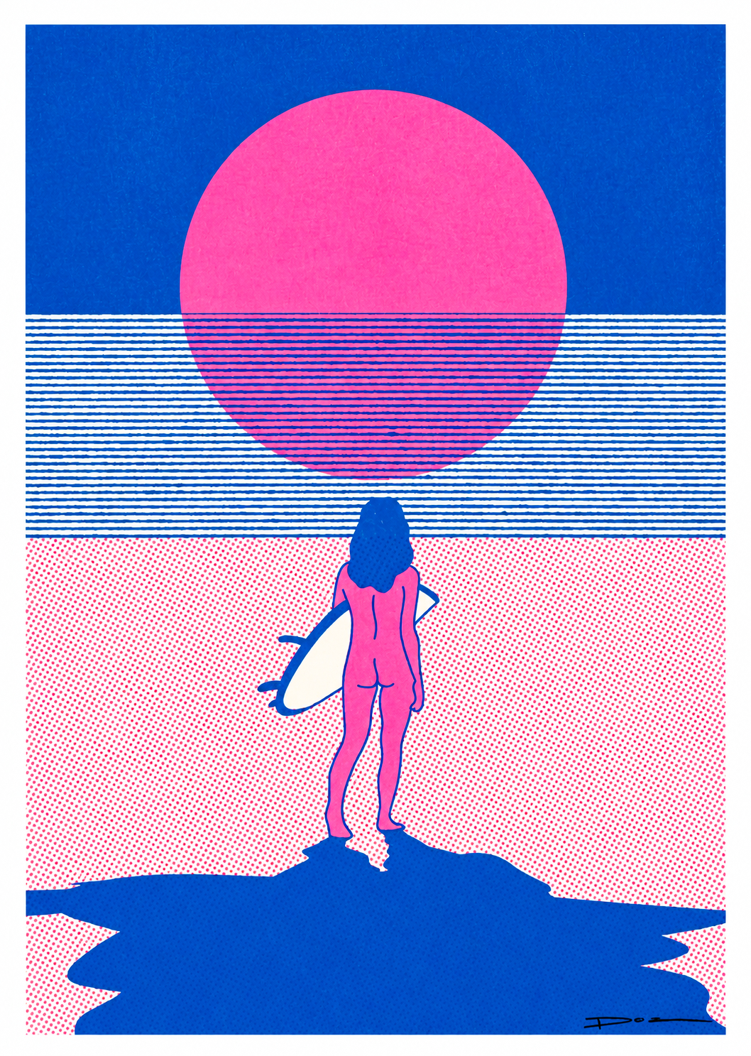 Minimalist risograph print of a surfer standing on the beach facing a bright pink sun over the sea, in bold blue and pink tones. Contemporary landscape wall art for modern coastal interiors.