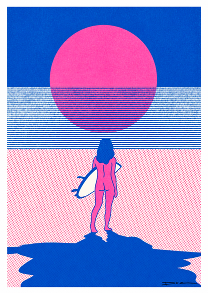 Minimalist risograph print of a surfer standing on the beach facing a bright pink sun over the sea, in bold blue and pink tones. Contemporary landscape wall art for modern coastal interiors.