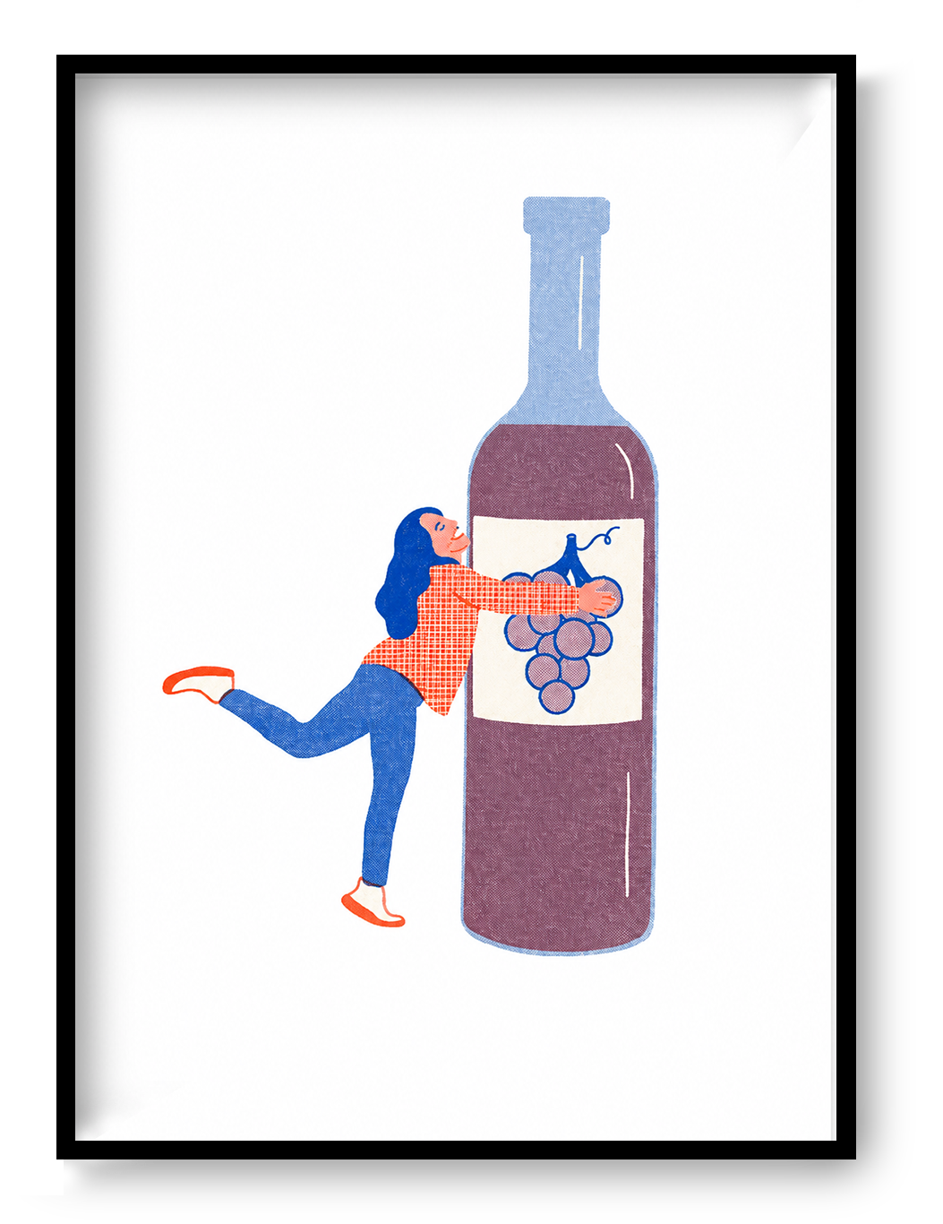 Playful risograph art print featuring a woman hugging a large wine bottle, illustrated in a bold graphic style with blue, red, and purple tones on a light background. Vertical A3 wall art ideal for kitchens, dining rooms, wine lovers, and contemporary home decor.
