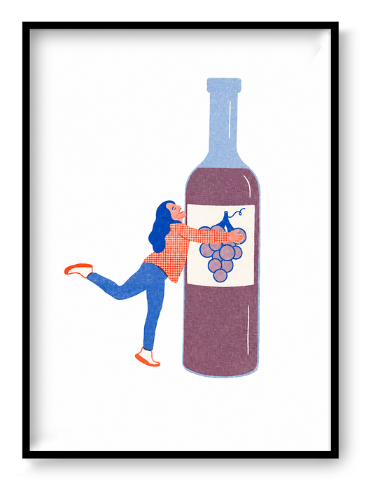 Playful risograph art print featuring a woman hugging a large wine bottle, illustrated in a bold graphic style with blue, red, and purple tones on a light background. Vertical A3 wall art ideal for kitchens, dining rooms, wine lovers, and contemporary home decor.