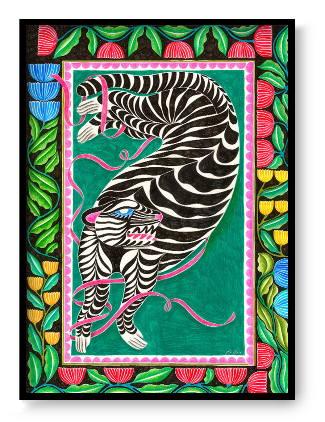 The Acrobate by Carla Petelski, colourful zebra-inspired surreal digital art print with botanical floral border and pink ribbons, contemporary wall art for eclectic interiors