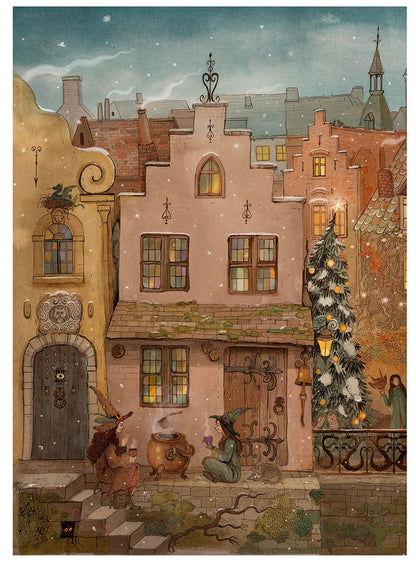 “The Potion” by Lena Yampolski – A4 fantasy art print of two witches sharing a drink in a snowy medieval village, with cozy lights, a decorated tree, and whimsical architecture. Folklore-inspired giclée print made in Belgium.