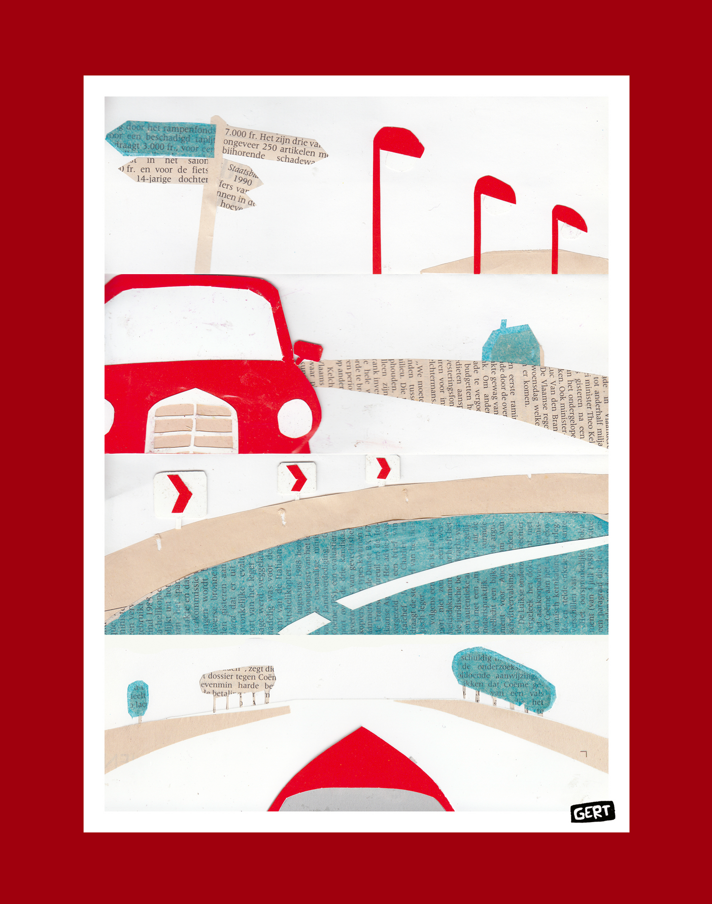 Travel by Gert Paenen digital art print featuring a stylized road journey with a red car, graphic signposts, curved roadway, and collage-inspired landscape elements. Contemporary travel wall art print for modern home decor and creative interiors.