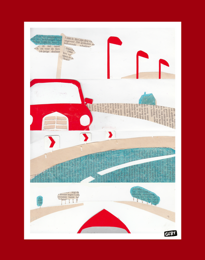 Travel by Gert Paenen digital art print featuring a stylized road journey with a red car, graphic signposts, curved roadway, and collage-inspired landscape elements. Contemporary travel wall art print for modern home decor and creative interiors.