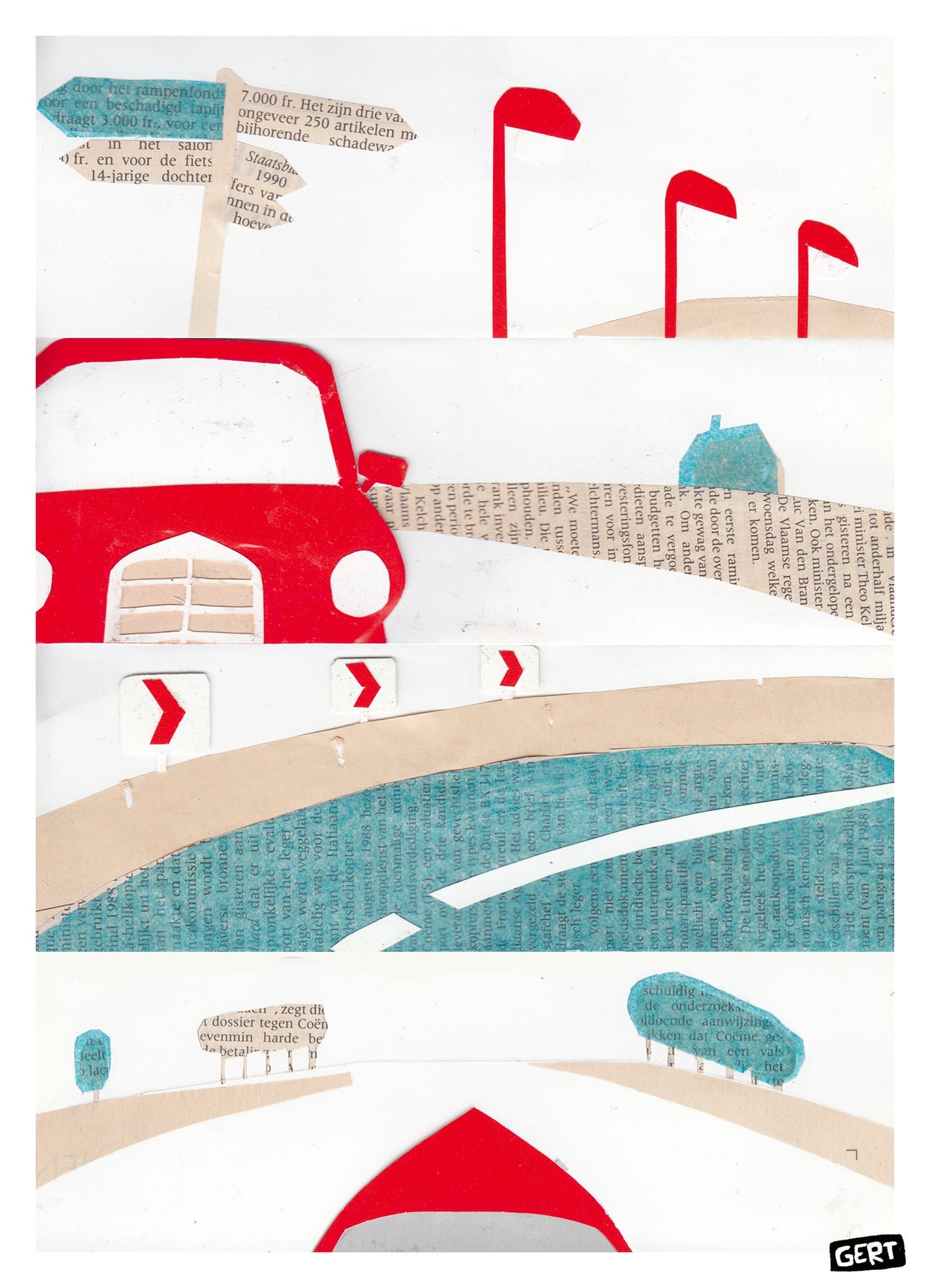 Travel by Gert Paenen digital art print featuring a stylized road journey with a red car, graphic signposts, curved roadway, and collage-inspired landscape elements. Contemporary travel wall art print for modern home decor and creative interiors.