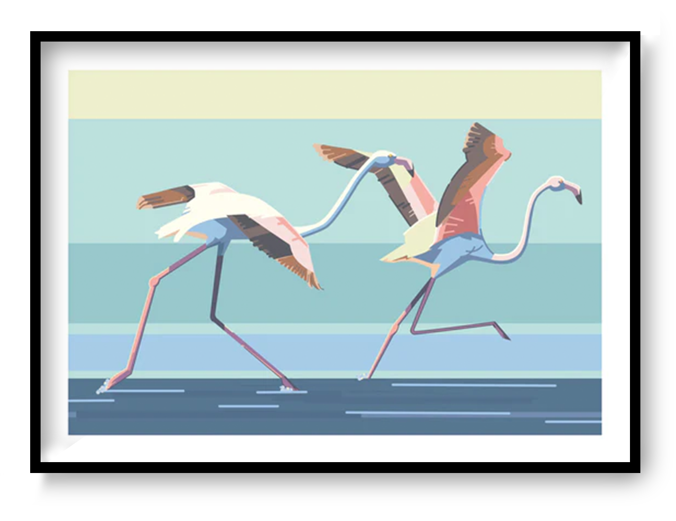 Pastel flamingo birds running and taking off illustration in soft modern colors, playful bird wall art print in A3 size for contemporary home decor