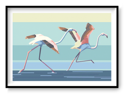 Pastel flamingo birds running and taking off illustration in soft modern colors, playful bird wall art print in A3 size for contemporary home decor
