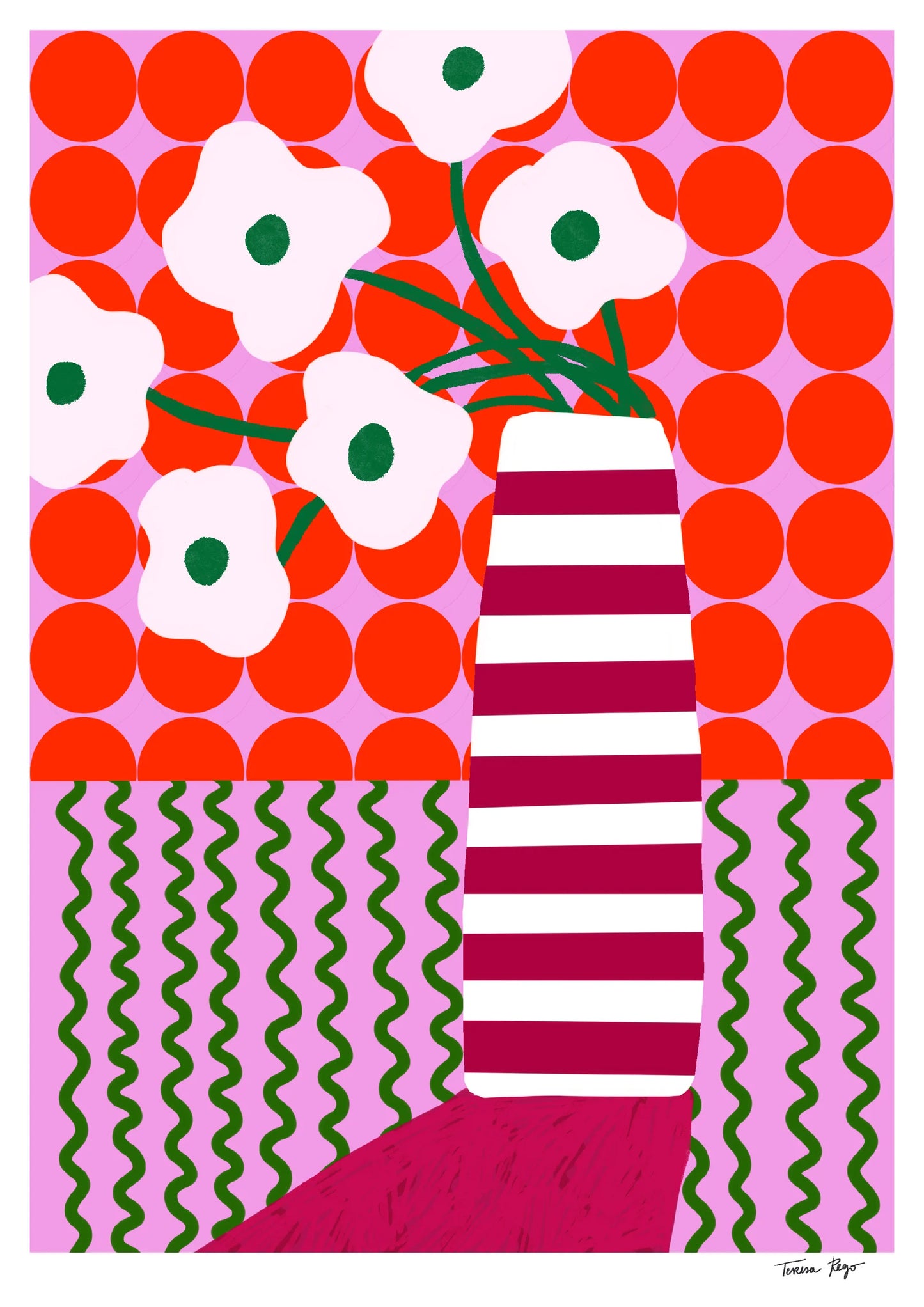 Colorful A4 Giclée print by Portuguese illustrator Teresa Rego – bold striped vase with playful white flowers, red, pink and green graphic patterns, printed on 315 gsm acid-free, 100% cotton fine art paper with pigment-based inks – vibrant botanical wall art for modern interiors.