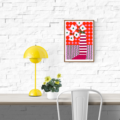 Colorful A4 Giclée print by Portuguese illustrator Teresa Rego – bold striped vase with playful white flowers, red, pink and green graphic patterns, printed on 315 gsm acid-free, 100% cotton fine art paper with pigment-based inks – vibrant botanical wall art for modern interiors.