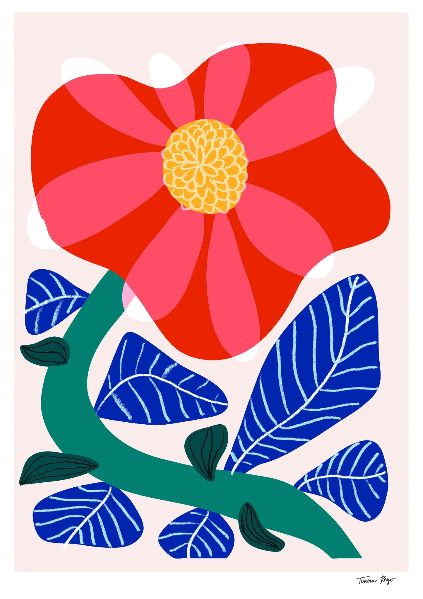 Giclée print of bold camellia flower illustration by Portuguese artist Teresa Rego – vibrant red camellia in bloom with blue graphic leaves and playful green stems, printed on 315 gsm fine art, acid-free, 100% cotton paper using pigment-based inks – premium A3 botanical wall art for modern interiors.
