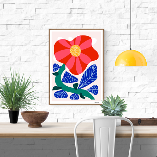 Giclée print of bold camellia flower illustration by Portuguese artist Teresa Rego – vibrant red camellia in bloom with blue graphic leaves and playful green stems, printed on 315 gsm fine art, acid-free, 100% cotton paper using pigment-based inks – premium A3 botanical wall art for modern interiors.