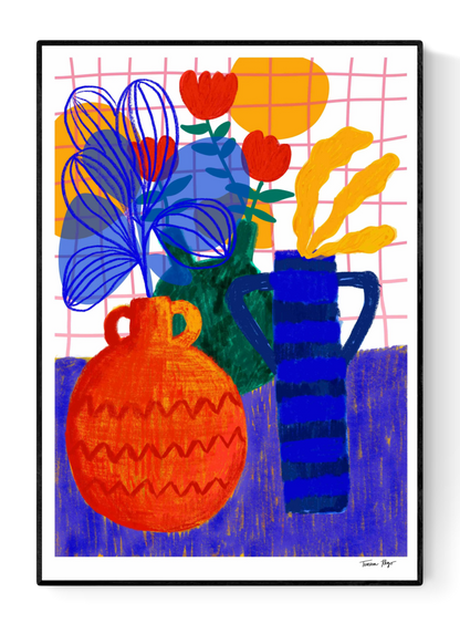Vibrant still life illustration of colorful vases with abstract flowers and bold textures, featuring warm oranges, reds, and blues – Oranges Pot by Teresa Rego, A3 art print.