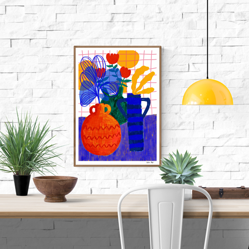 Vibrant still life illustration of colorful vases with abstract flowers and bold textures, featuring warm oranges, reds, and blues – Oranges Pot by Teresa Rego, A3 art print.
