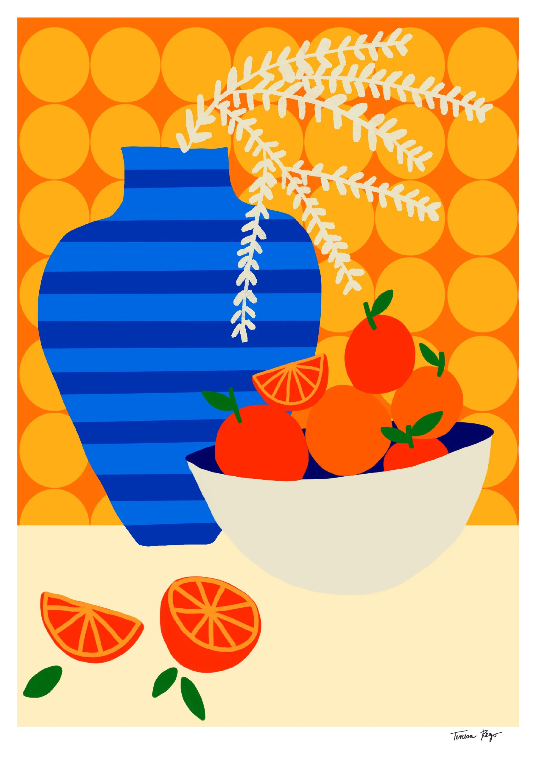 Colorful graphic illustration of a blue-striped vase with leaves and a bowl of oranges on a retro kitchen table, set against a bold orange patterned wall – Oranges on Retro Kitchen by Teresa Rego, A3 art print.