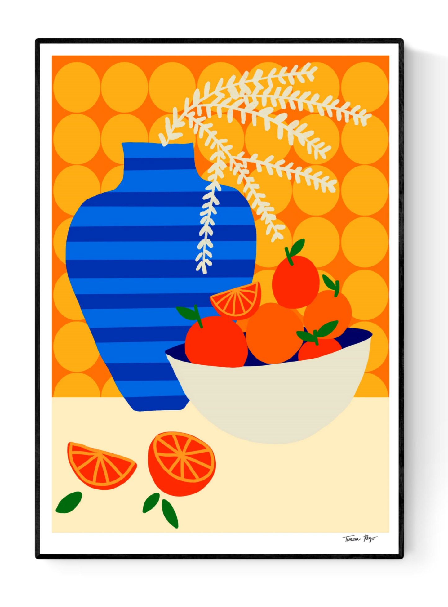 Colorful graphic illustration of a blue-striped vase with leaves and a bowl of oranges on a retro kitchen table, set against a bold orange patterned wall – Oranges on Retro Kitchen by Teresa Rego, A3 art print.