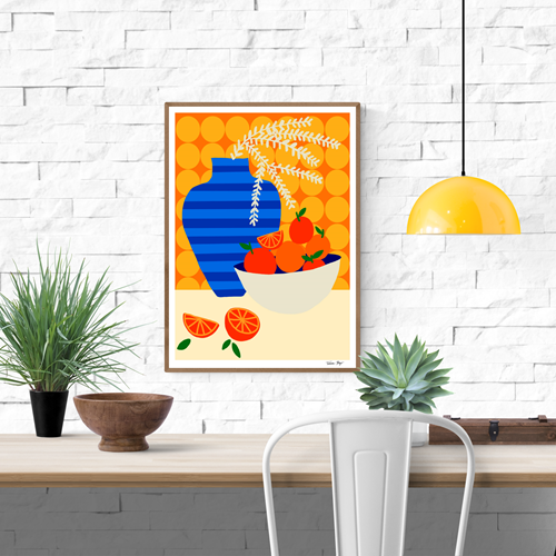 Colorful graphic illustration of a blue-striped vase with leaves and a bowl of oranges on a retro kitchen table, set against a bold orange patterned wall – Oranges on Retro Kitchen by Teresa Rego, A3 art print.