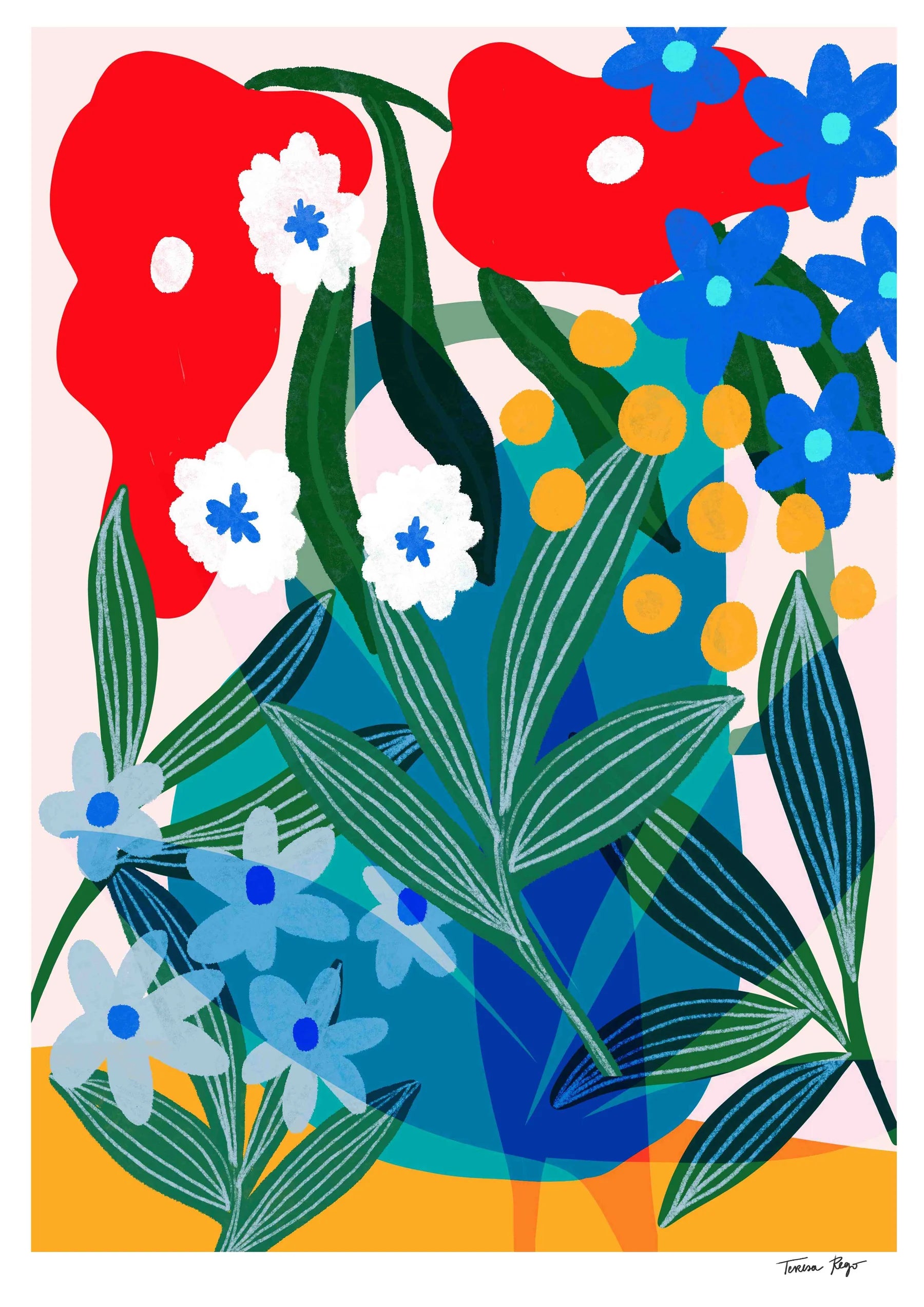 Colourful portrait-format giclée art print by Teresa Rego featuring oversized petunias and lush leaves in red, blue, green and yellow, ideal for bright contemporary wall decor.