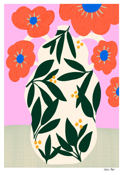 Colorful botanical illustration of a cream vase with green leaves and bright poppy flowers on a pink background – Poppy pot by Teresa Rego, A4 art print made in Portugal.