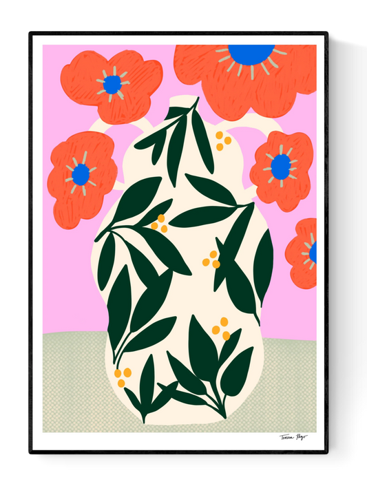 Colorful botanical illustration of a cream vase with green leaves and bright poppy flowers on a pink background – Poppy pot by Teresa Rego, A4 art print made in Portugal.
