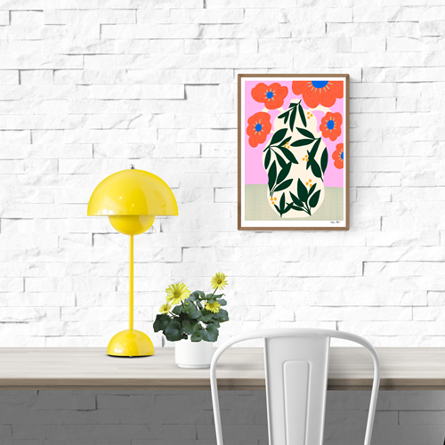 Colorful botanical illustration of a cream vase with green leaves and bright poppy flowers on a pink background – Poppy pot by Teresa Rego, A4 art print made in Portugal.