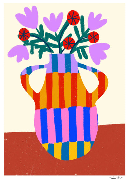 “Striped Vase With Handles” by Teresa Rego – vibrant A4 fine art print featuring a multicolored striped vase with blooming red and lavender flowers, printed on high-quality Munken Pure paper. Colorful wall décor made in Portugal.