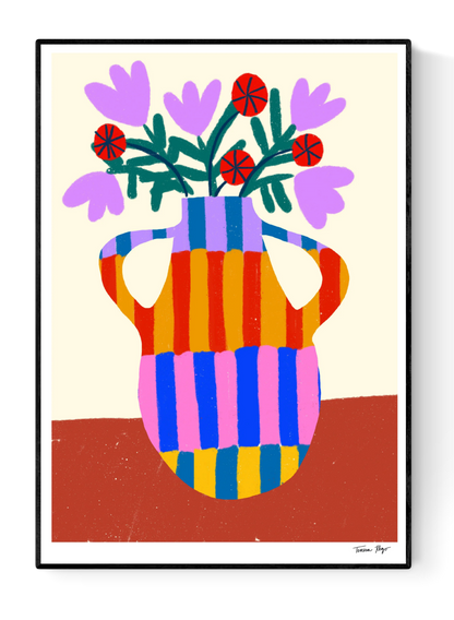 “Striped Vase With Handles” by Teresa Rego – vibrant A4 fine art print featuring a multicolored striped vase with blooming red and lavender flowers, printed on high-quality Munken Pure paper. Colorful wall décor made in Portugal.