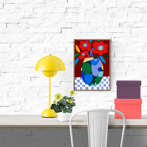 Burgundy on Check by Teresa Rego – colorful abstract floral art print with red flowers in a geometric vase on a checkered tablecloth, bold contemporary design perfect for modern home decor, available at Galerie Frits