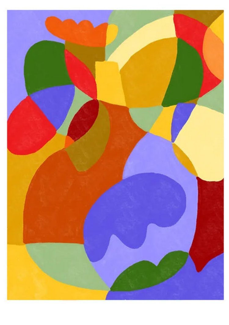 Abstract art print titled Lavender Autumn by Portuguese illustrator Teresa Rego, featuring bold, colorful organic shapes in red, lavender, yellow, and green – A3 print on 300g Munken paper.