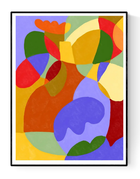 Abstract art print titled Lavender Autumn by Portuguese illustrator Teresa Rego, featuring bold, colorful organic shapes in red, lavender, yellow, and green – A3 print on 300g Munken paper.