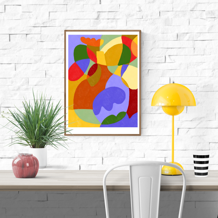 Abstract art print titled Lavender Autumn by Portuguese illustrator Teresa Rego, featuring bold, colorful organic shapes in red, lavender, yellow, and green – A3 print on 300g Munken paper.